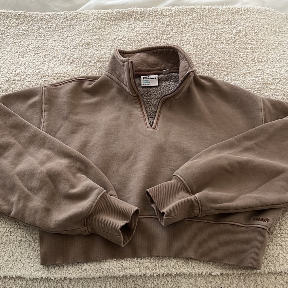 TNA Quarter-Zip Cropped Sweatshirt in Taupe Brown